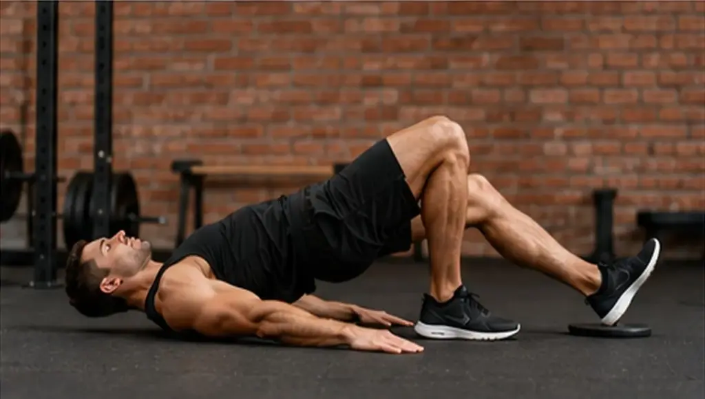 Man performing a sliding leg curl to strengthen the hamstrings