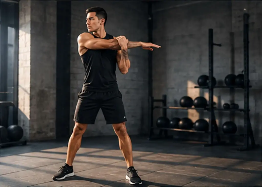 Man performing arm circles and torso twists for an upper body cardio warm-up