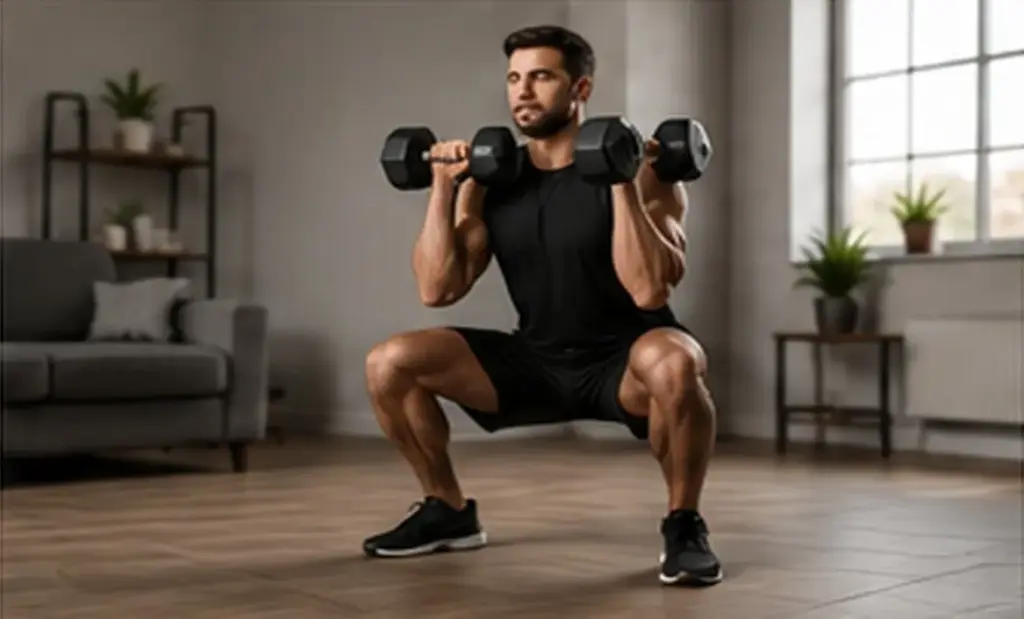 Man performing dumbbell thrusters during a HIIT workout