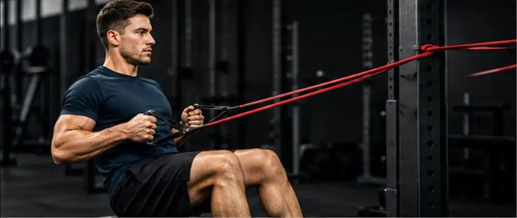 Man performing resistance band exercises during strength training in a gym