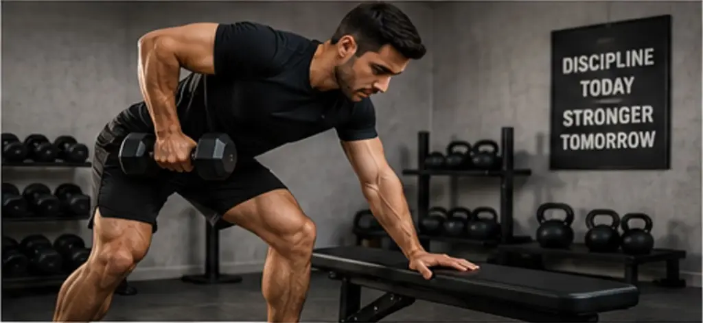 Man performing strength training with dumbbells at home