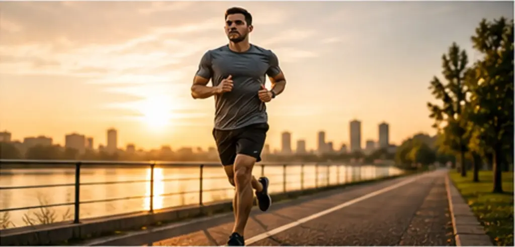 Man planning a fitness goal while running outdoors at sunrise
