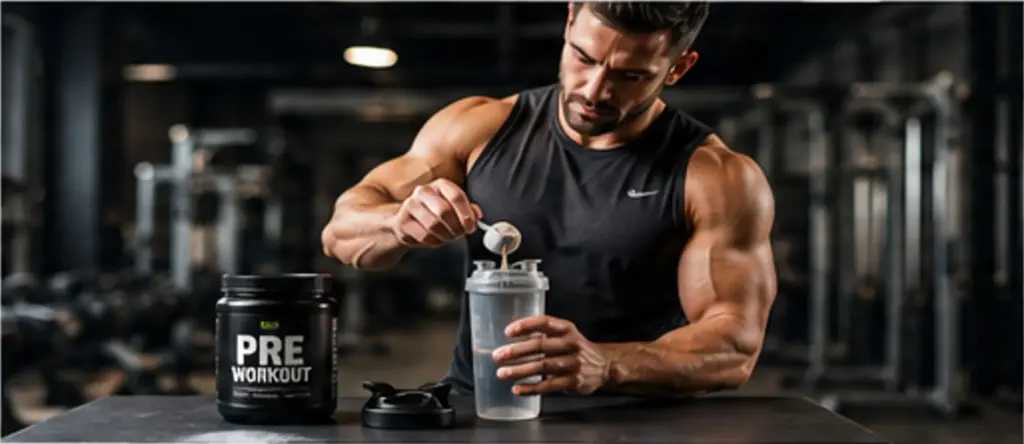 Man preparing pre workout drink with supplement and healthy nutrition