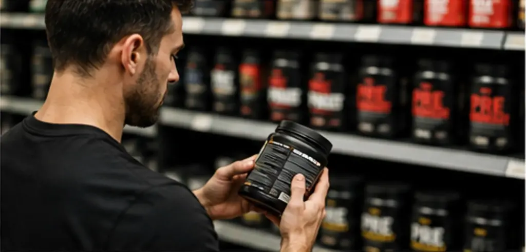 Man reading pre workout supplement label before training