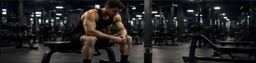 Man resting on a gym bench after a late-night workout
