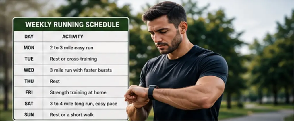 Man reviewing a weekly fitness training schedule outdoors