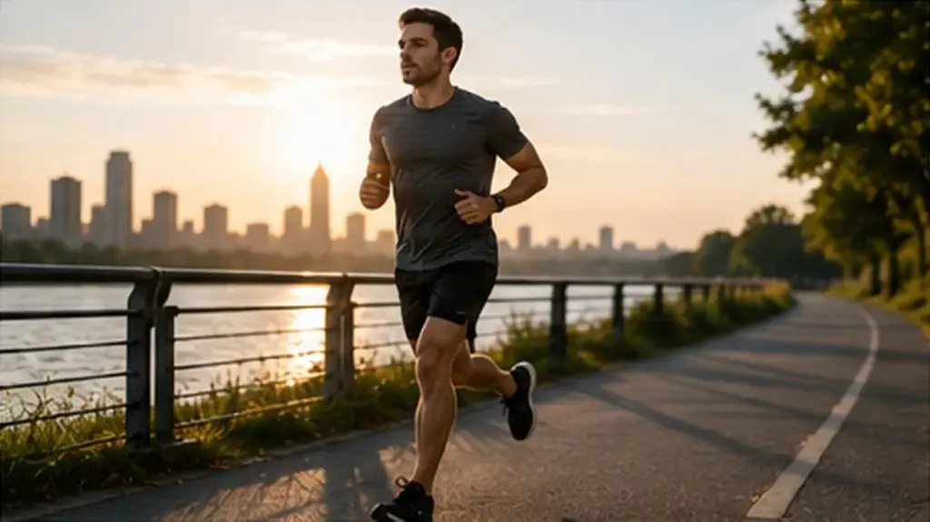 Man running outdoors along a riverside path at sunrise