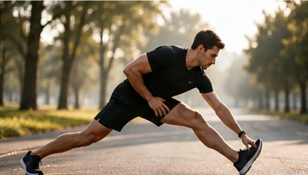 Man stretching his hamstrings outdoors before a workout