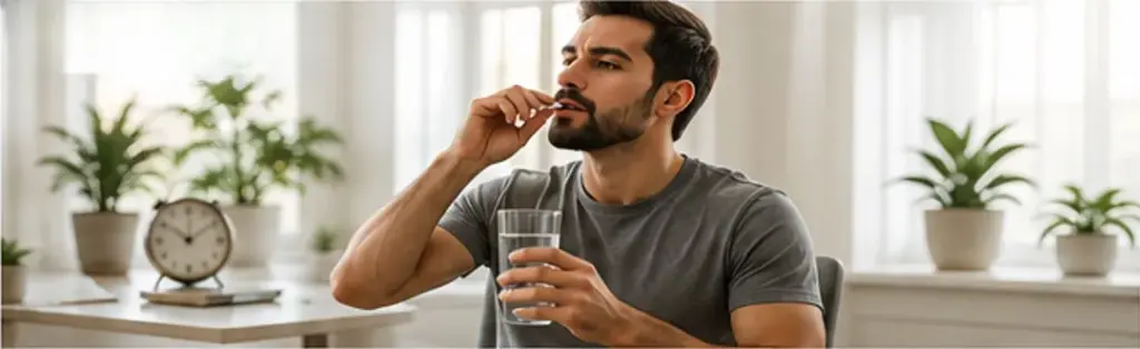 Man taking a daily vitamin supplement with water in the morning