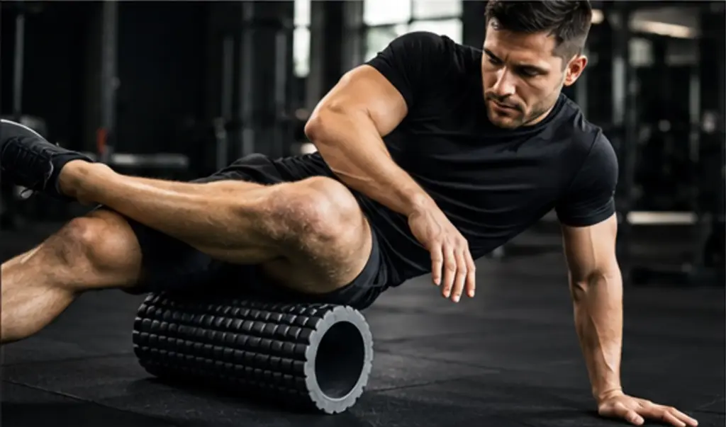 Man using a foam roller for muscle recovery and flexibility in a gym