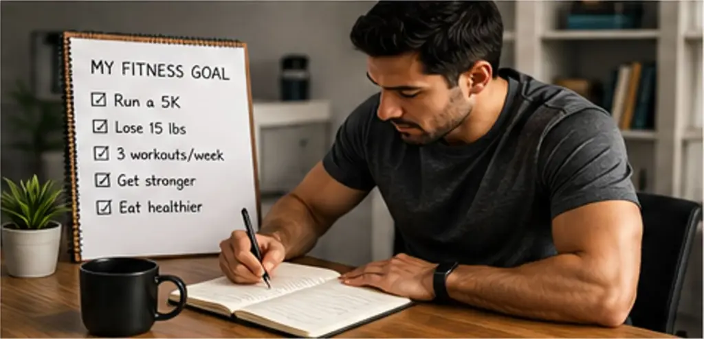 Man writing specific fitness goals in a notebook