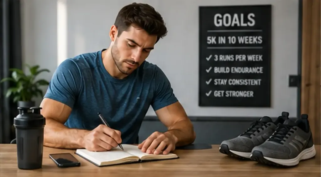 Man writing specific running goals in a notebook