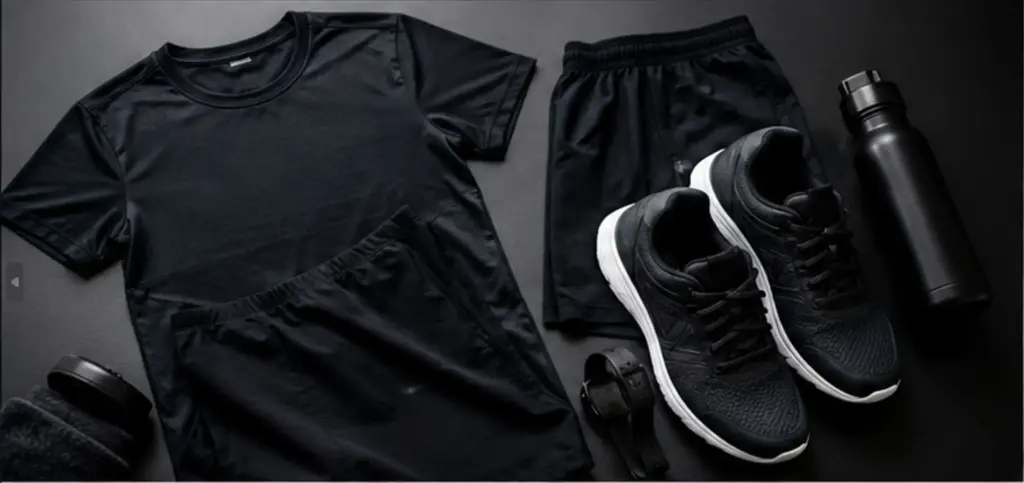 Man's workout clothing and essential gym gear including training shoes, water bottle, and fitness watch