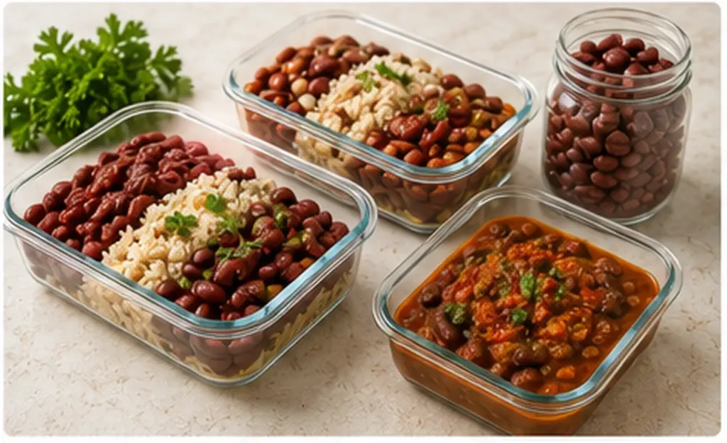 Meal prep containers with kidney bean recipes and cooked kidney beans
