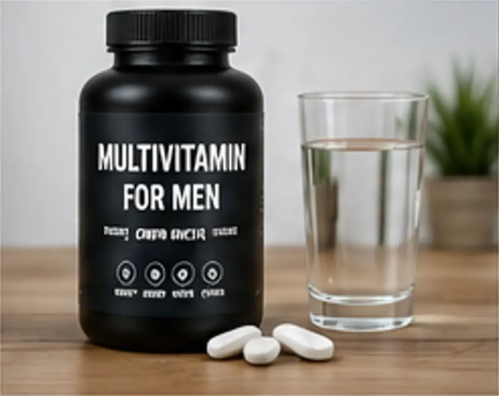 Men's multivitamin supplements with water and tablets