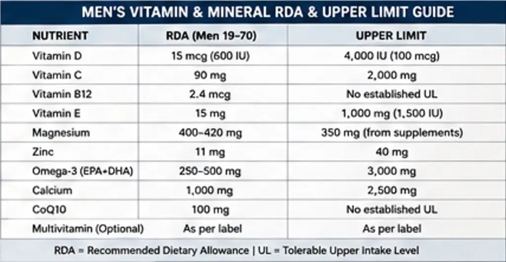 Men's vitamin and mineral RDA and upper limit guide