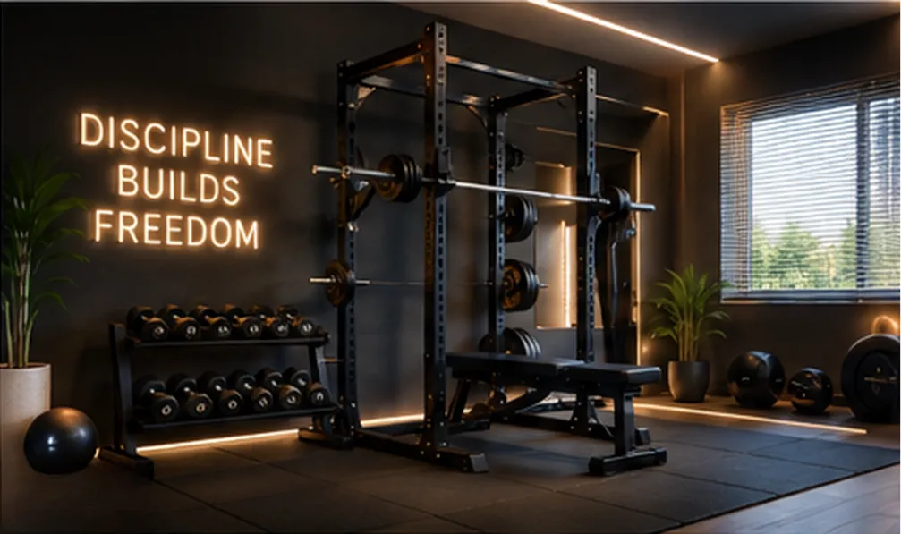 Modern and organized fit home gym with strength equipment and motivational lighting