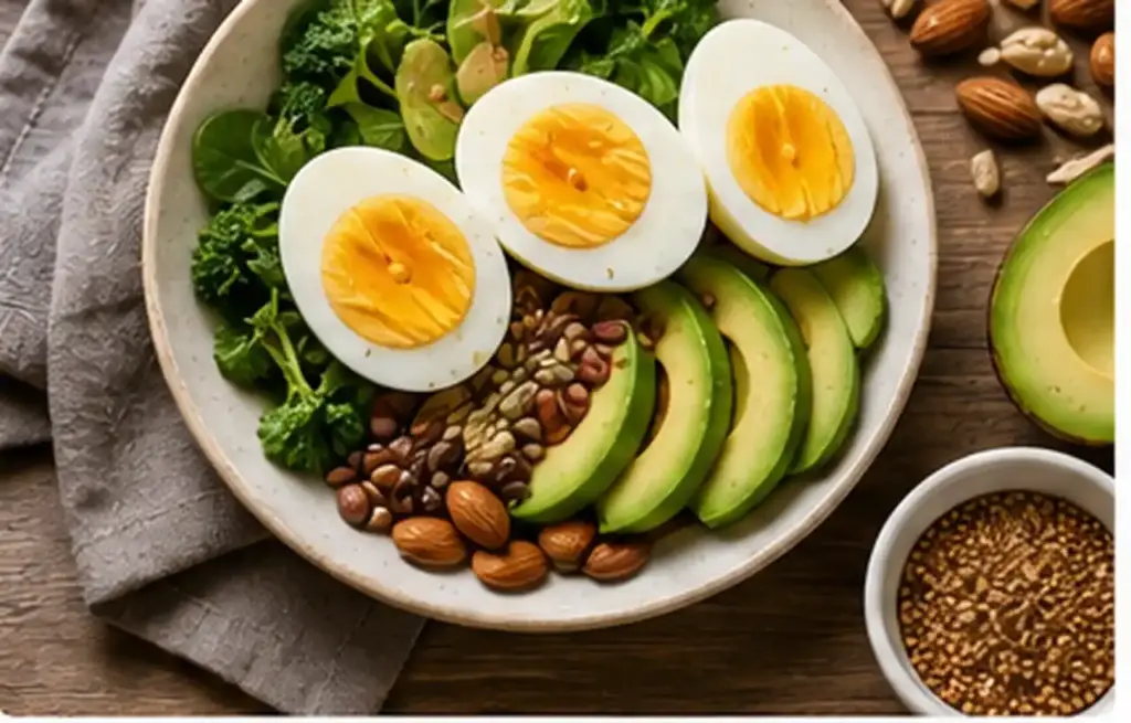 Nutritious plate with hard boiled eggs, avocado, greens, nuts and seeds