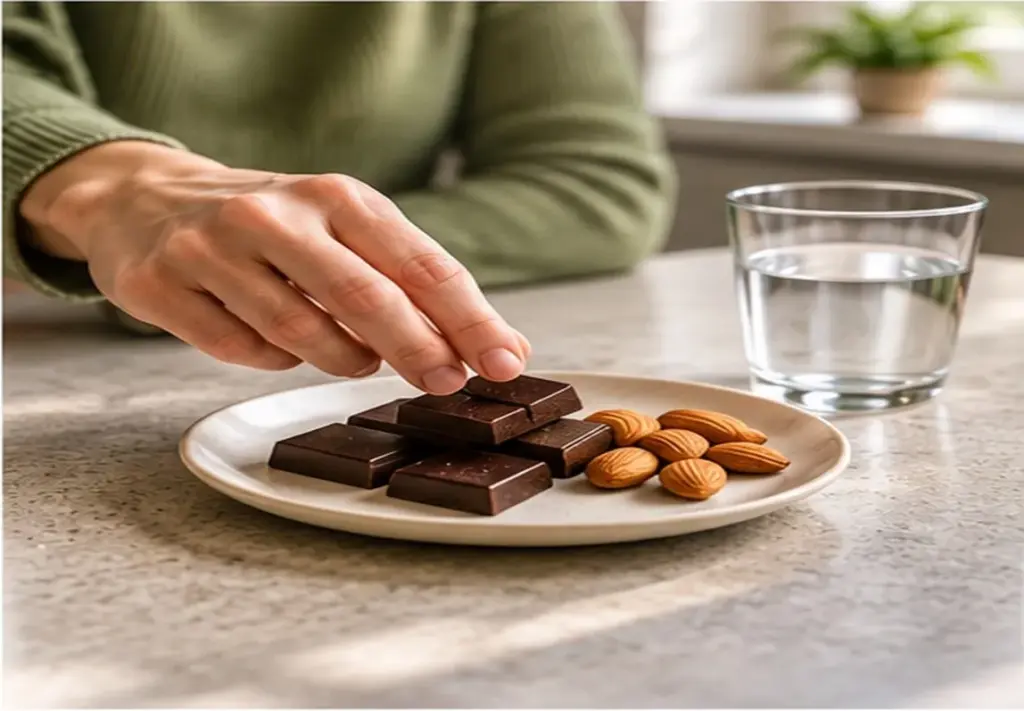 One-ounce portion of dark chocolate with almonds for mindful snacking