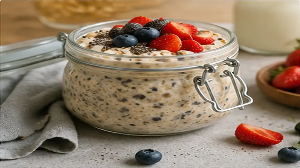 Overnight oats in a jar topped with fresh berries