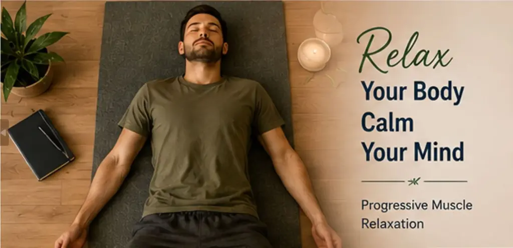 Person practicing progressive muscle relaxation in a calm setting