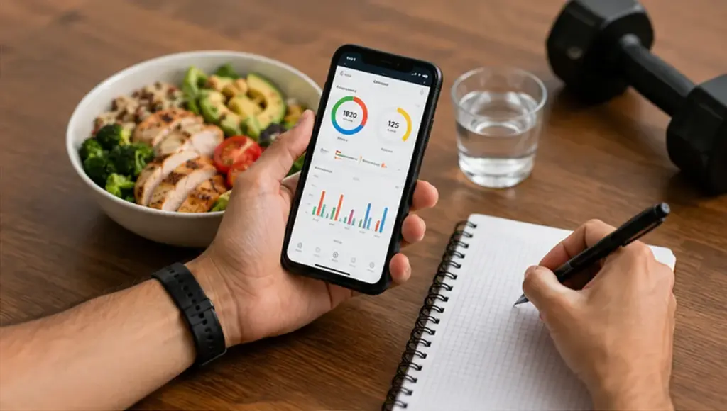 Person tracking food, energy, and nutrition alongside a healthy fitness meal