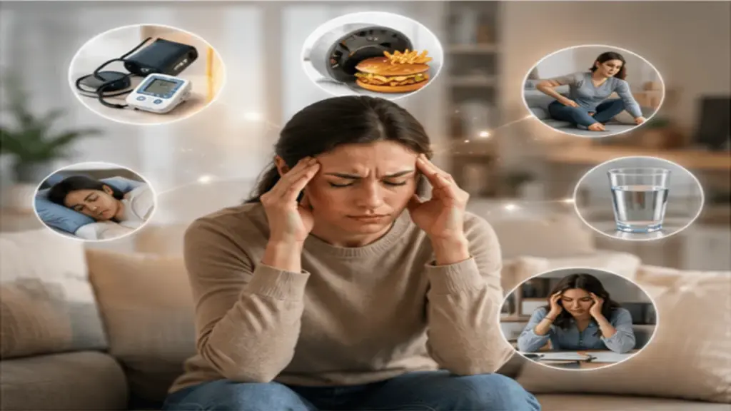 Person with a mild headache alongside common factors associated with high cholesterol