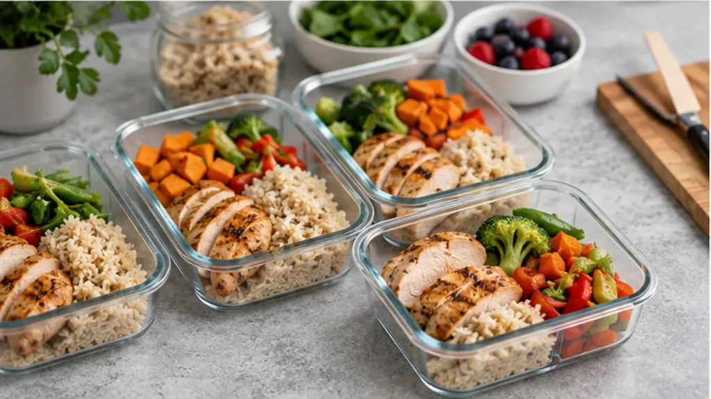 Prepared healthy meals with chicken, rice, vegetables, and portioned ingredients for personalized nutrition