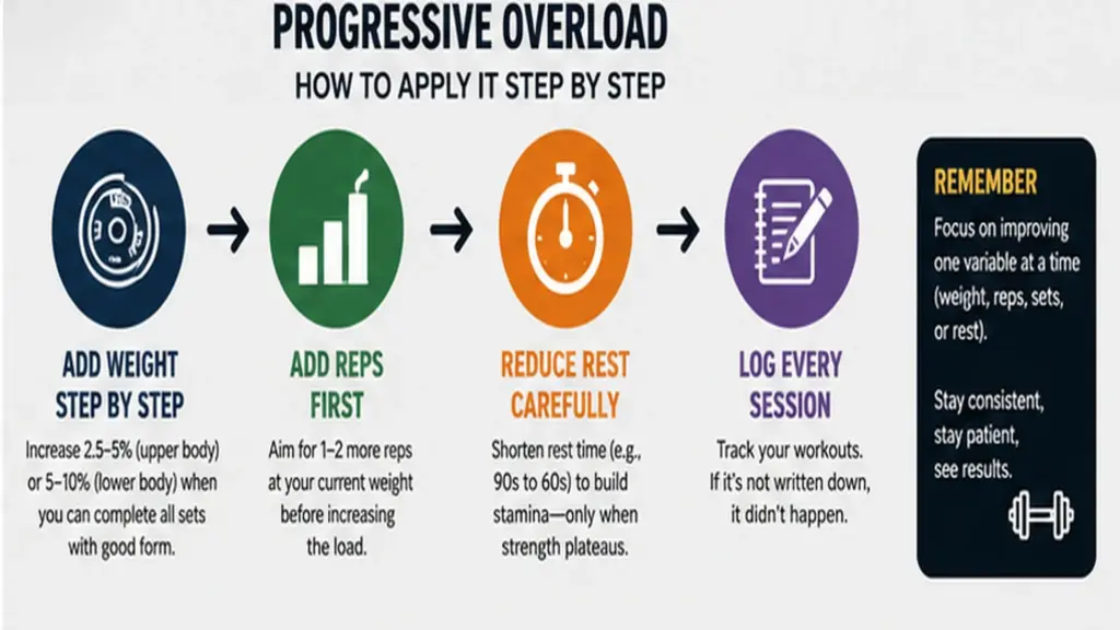 Progressive overload infographic showing how to add weight, add reps, reduce rest carefully, and track workouts