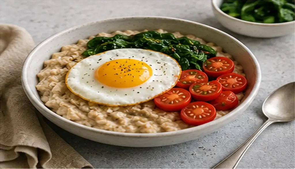 Savory oatmeal topped with a fried egg, spinach, and cherry tomatoes