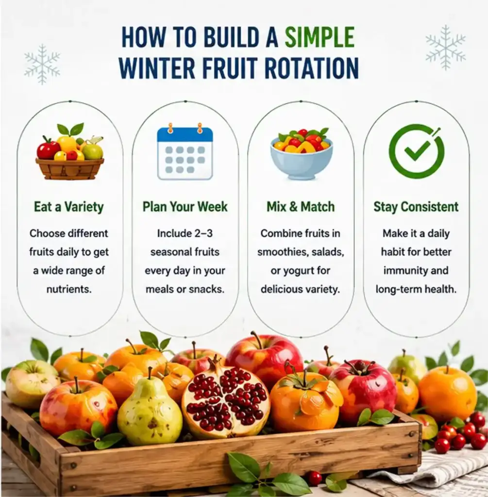Simple winter fruit rotation showing variety, weekly planning, mixing fruits, and consistency