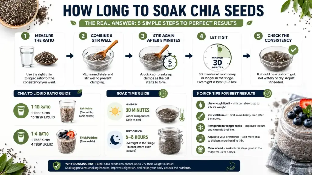 Step-by-step infographic showing chia-to-liquid ratios, stirring steps, 30-minute minimum soak time, overnight soaking, and consistency check.