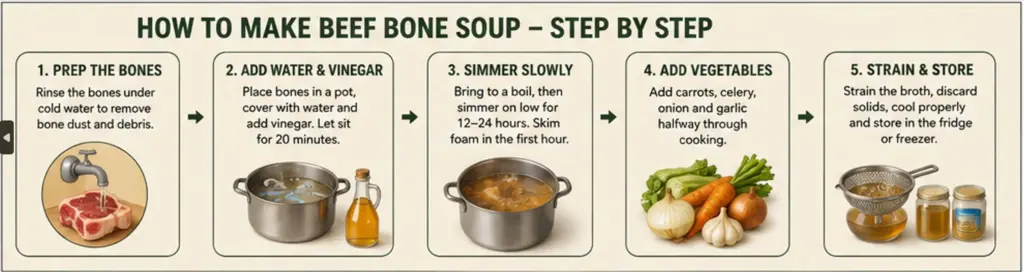 Step-by-step infographic showing how to make beef bone soup