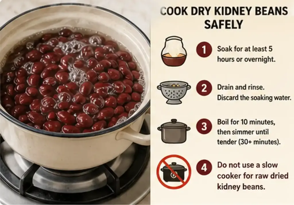 Steps for safely cooking dry kidney beans before eating
