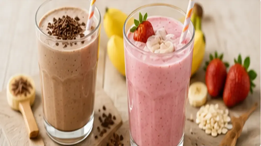Two banana protein shake variations with different fruits and toppings