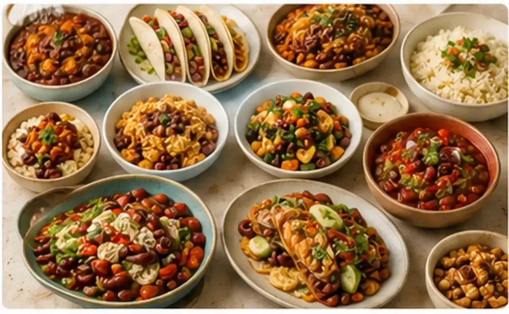 Variety of kidney bean recipes including soup, tacos, salad, and rice bowls