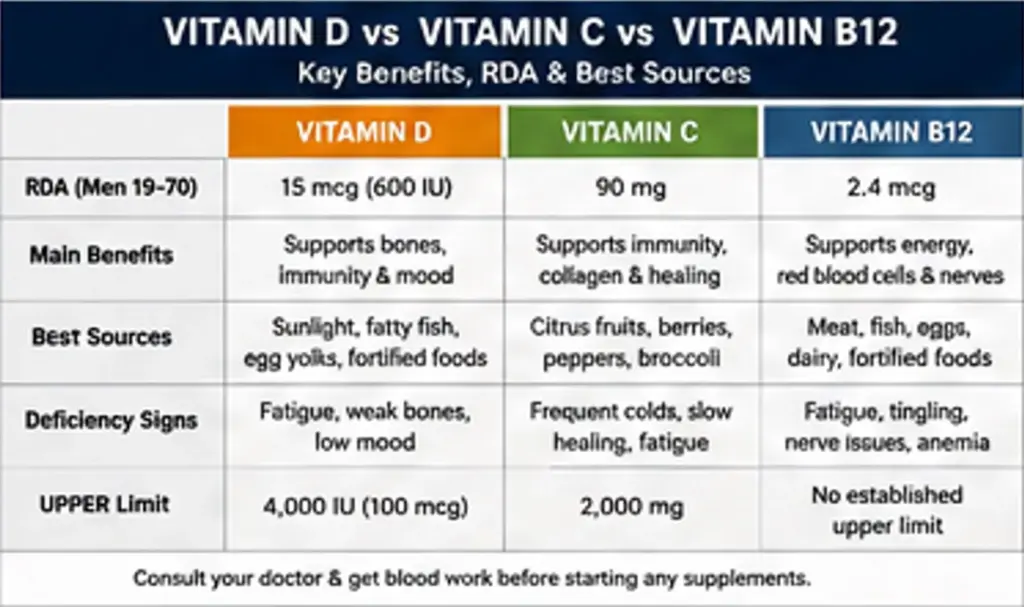 Vitamin D vs vitamin C vs vitamin B12 benefits and RDA comparison