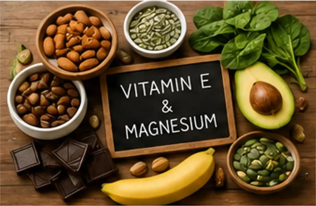 Vitamin E and magnesium rich foods including nuts and leafy greens