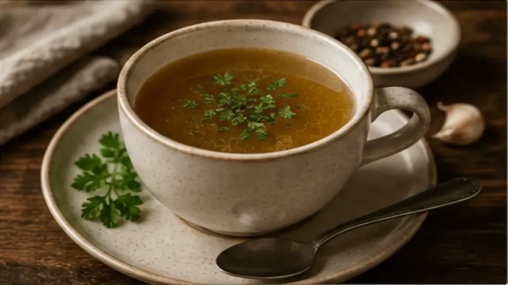 Warm homemade beef bone soup served in a cup with fresh herbs
