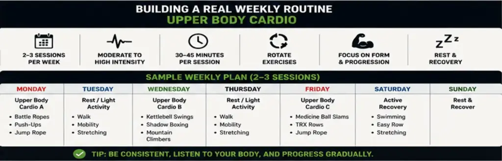 Weekly upper body cardio routine with training sessions, exercise rotation, progression, and recovery
