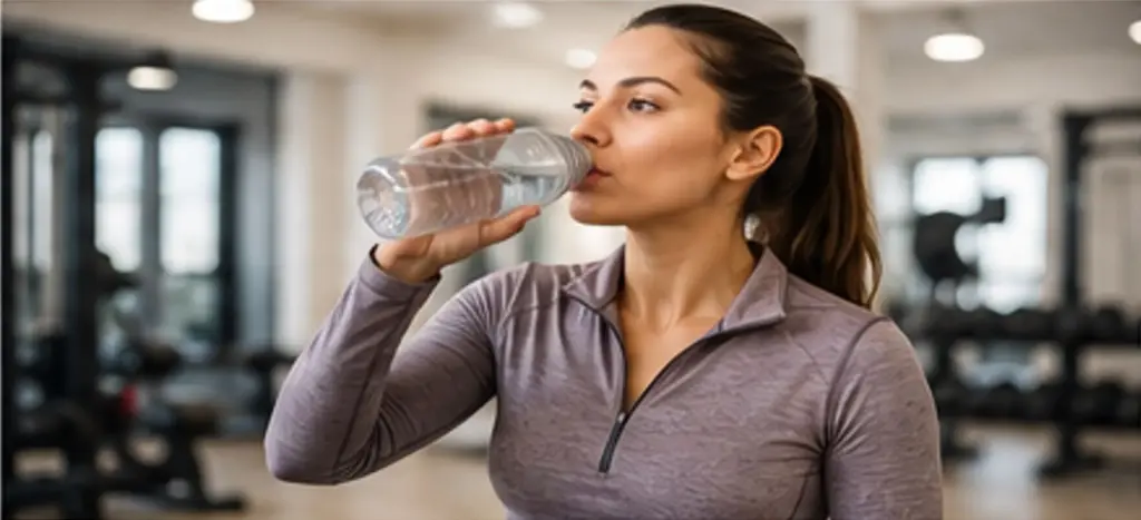 Woman drinking water before workout in gym
