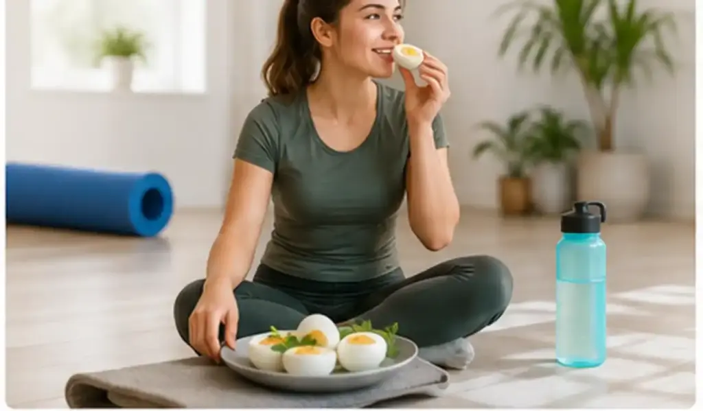 Woman eating hard boiled eggs as part of a balanced weight loss and healthy lifestyle