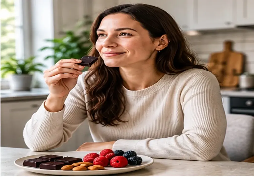 Woman enjoying a small portion of dark chocolate with berries and almonds