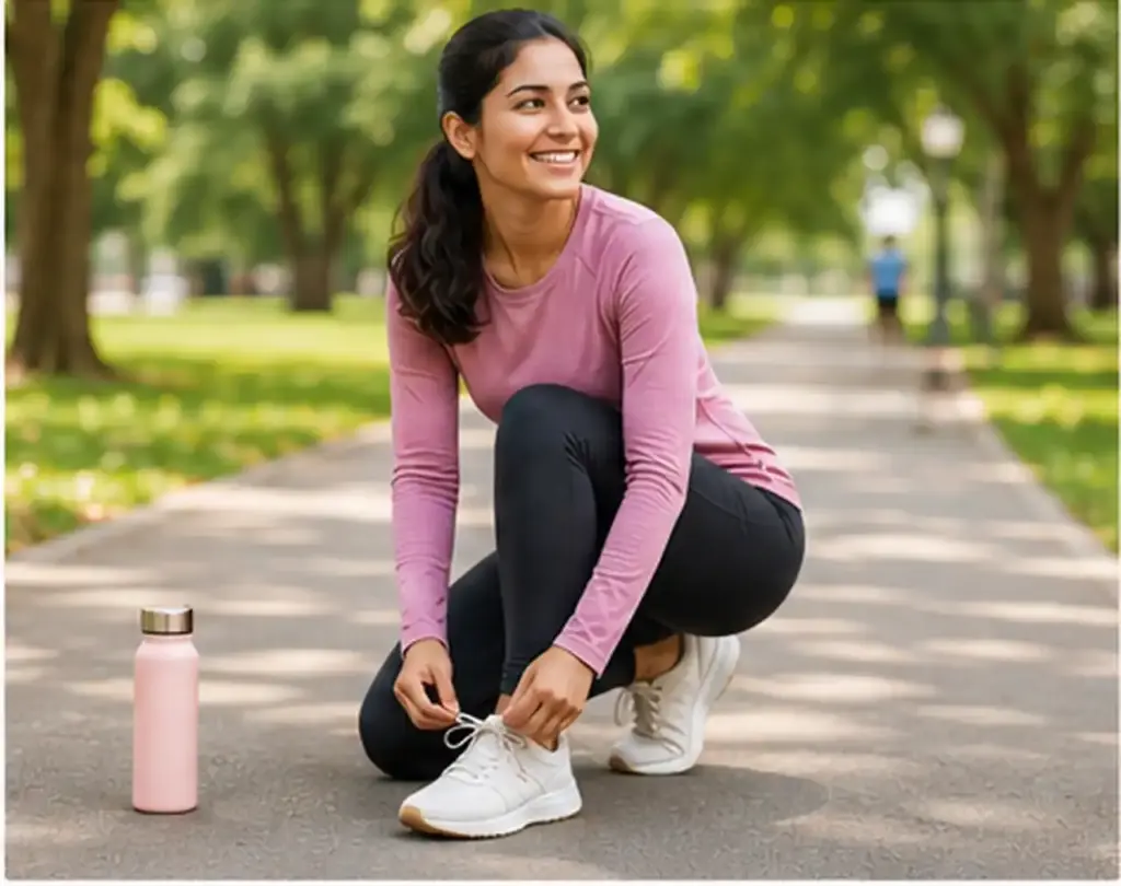 Woman exercising outdoors as part of a healthy weight and fertility wellness routine