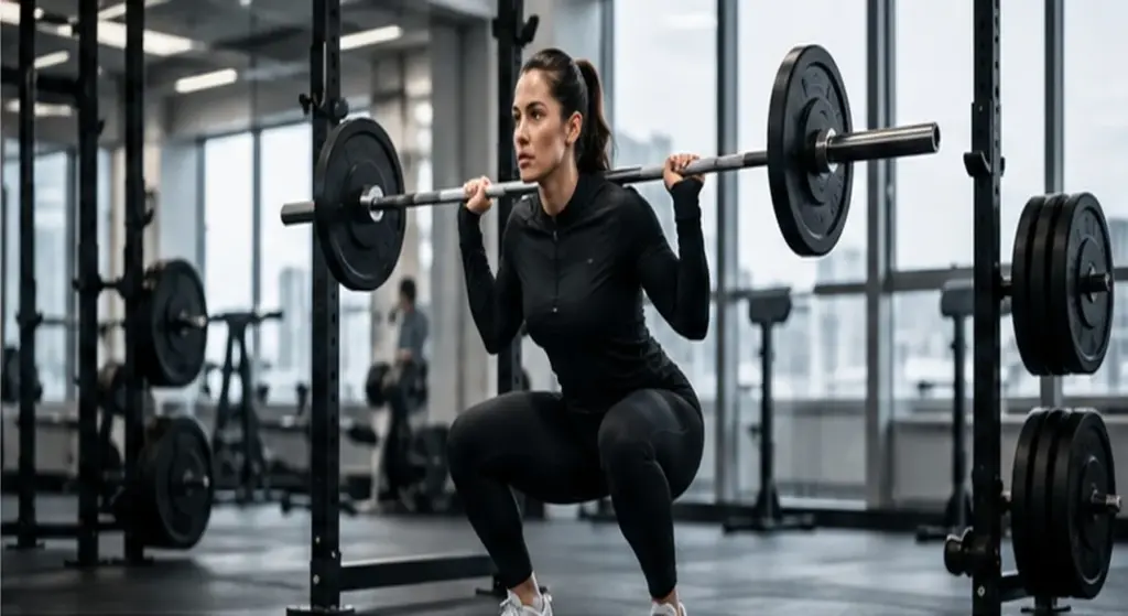 Woman performing a barbell squat with proper form in a modern gym