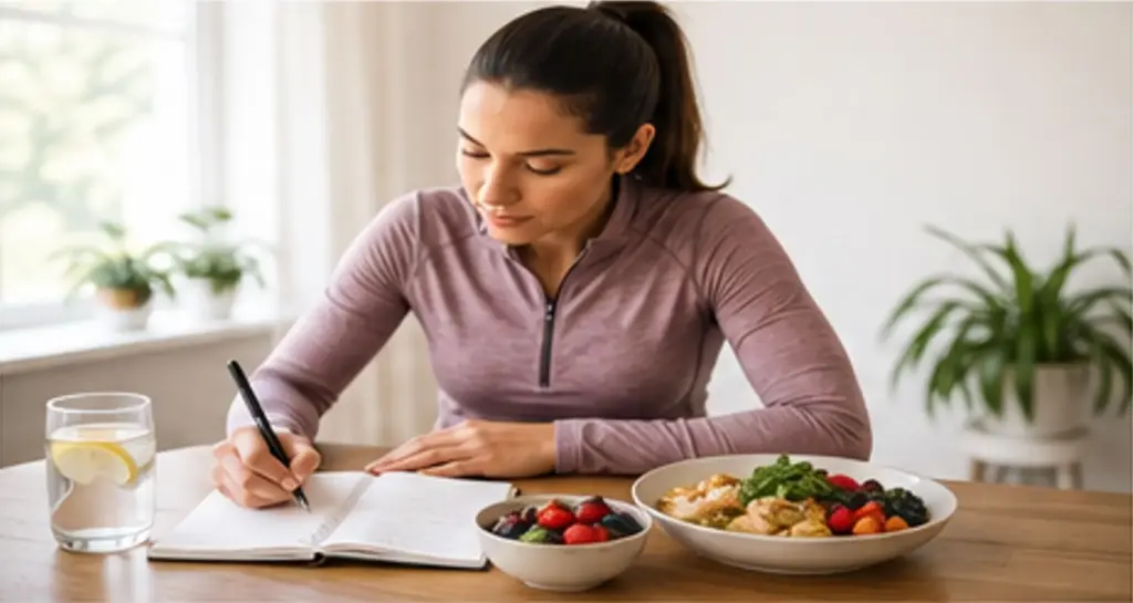 Woman planning pre-workout nutrition and writing in notebook