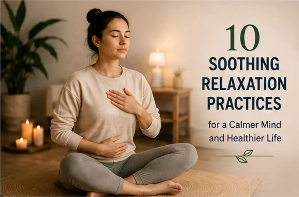 Woman practicing diaphragmatic breathing for relaxation and stress relief
