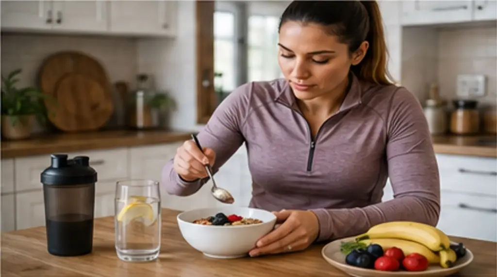 Woman preparing healthy pre-workout meal in kitchen