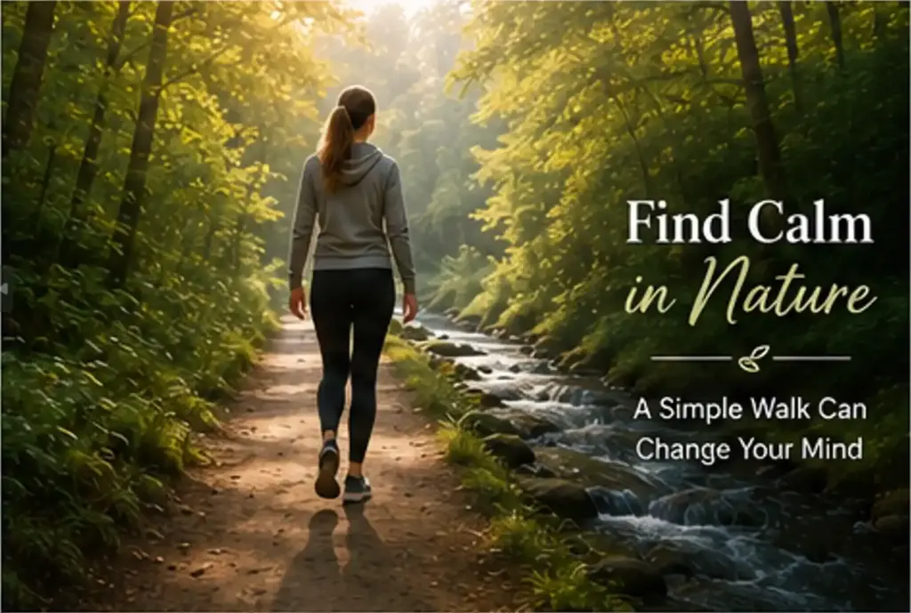 Woman walking through nature to reduce stress and support relaxation