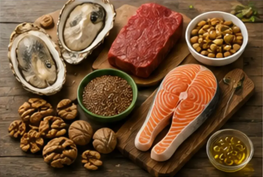 Zinc and omega-3 rich foods including oysters, salmon and nuts